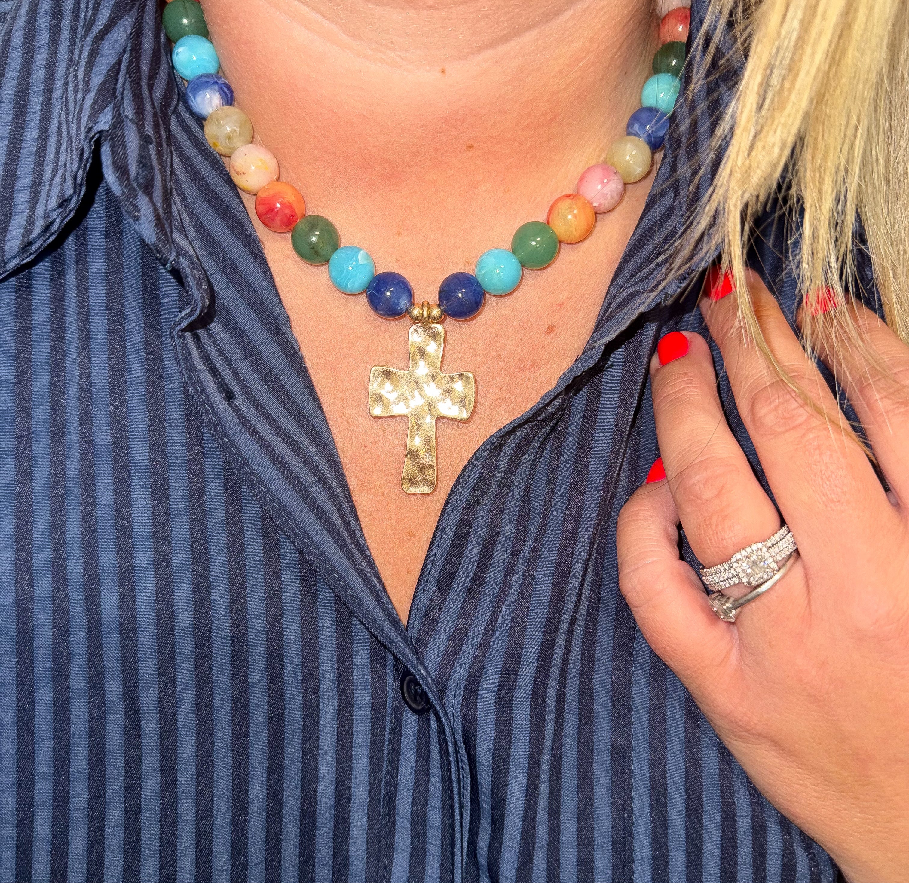 Kathryn Hammered Cross Beaded Necklace — By Caroline Hill