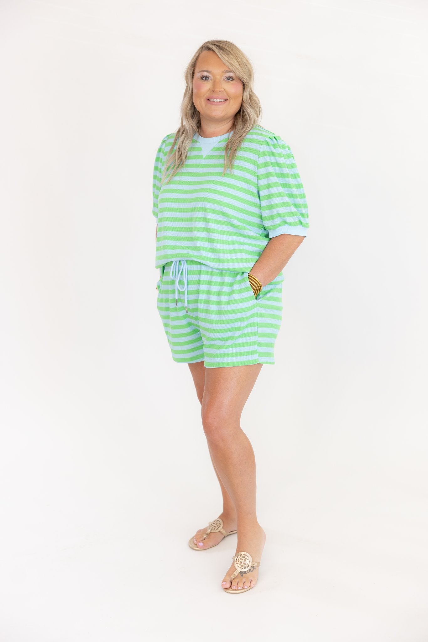 Stripe Puffed Sleeve Top & Shorts Set