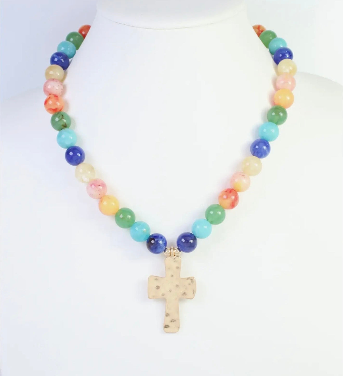 Kathryn Hammered Cross Beaded Necklace — By Caroline Hill
