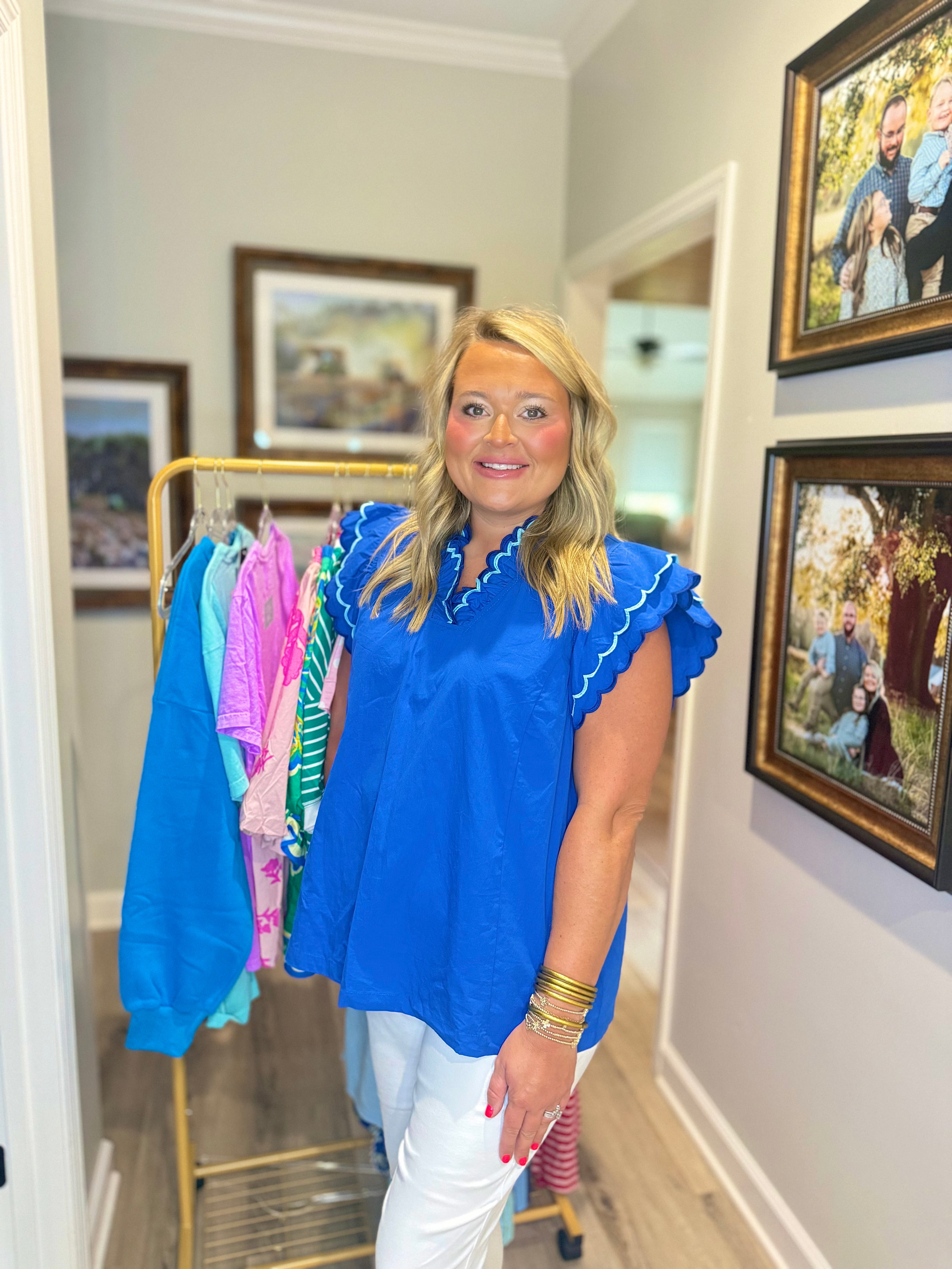 Scallop Trim Ruffle Sleeve Top