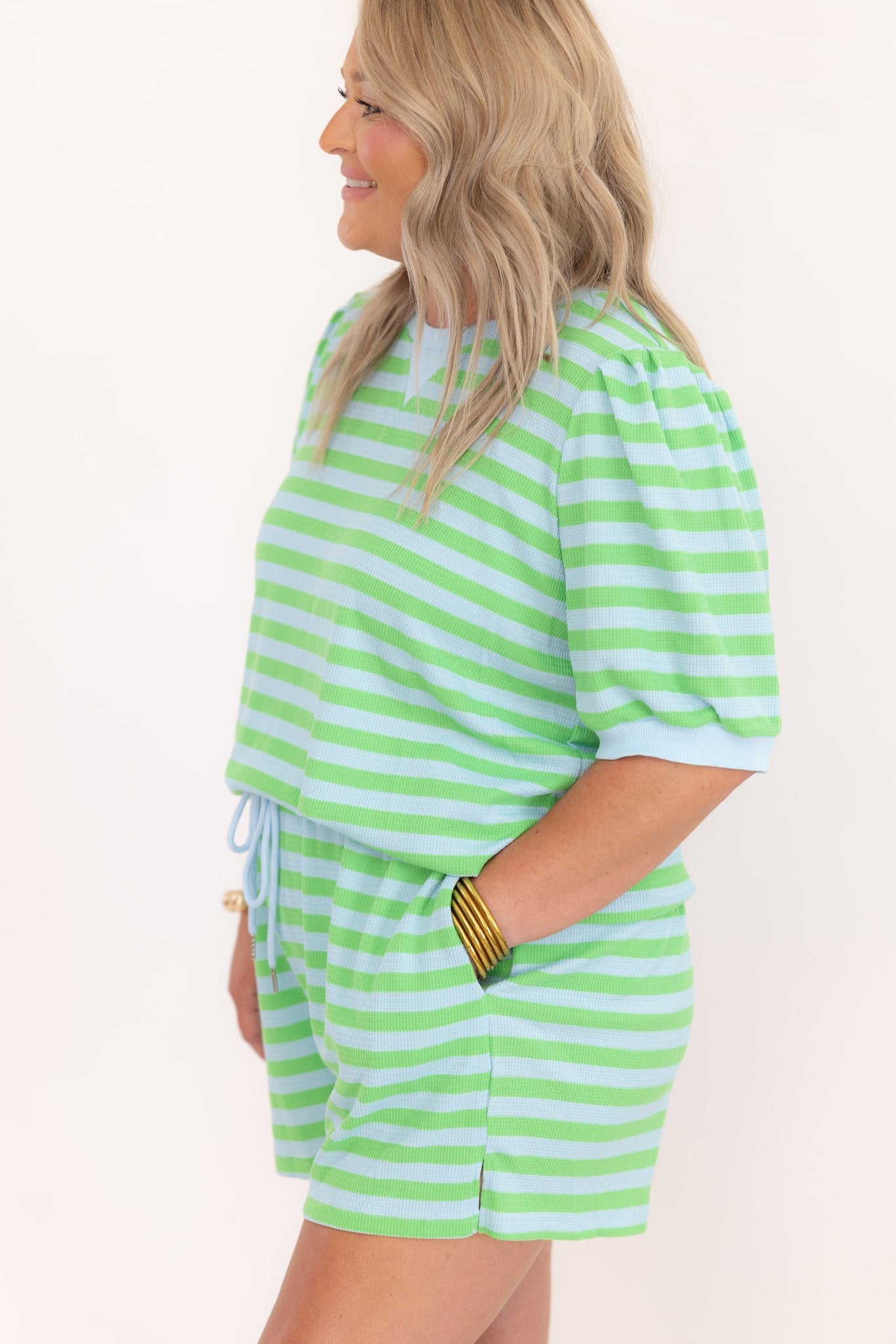 Stripe Puffed Sleeve Top & Shorts Set
