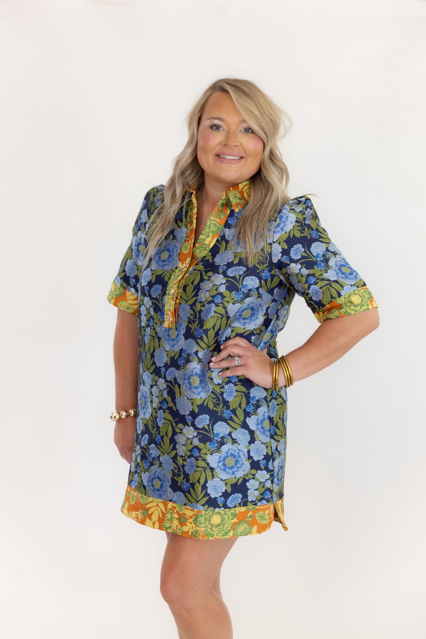 Collared V-Neck Half Button Floral Jacquard Dress